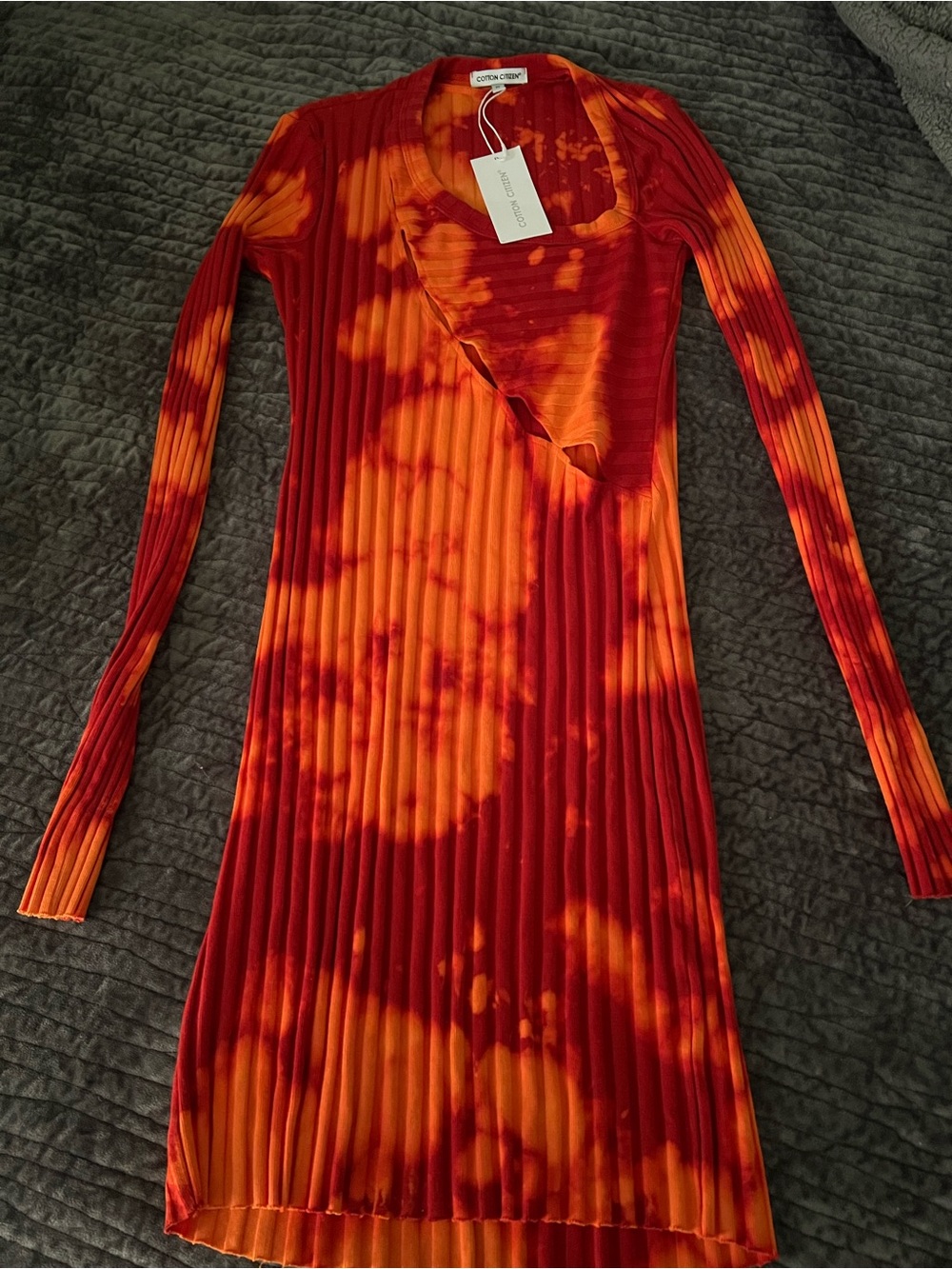 Cotton Citizen Women's Red & Orange Tie-Dye Ribbed Long Sleeve Dress